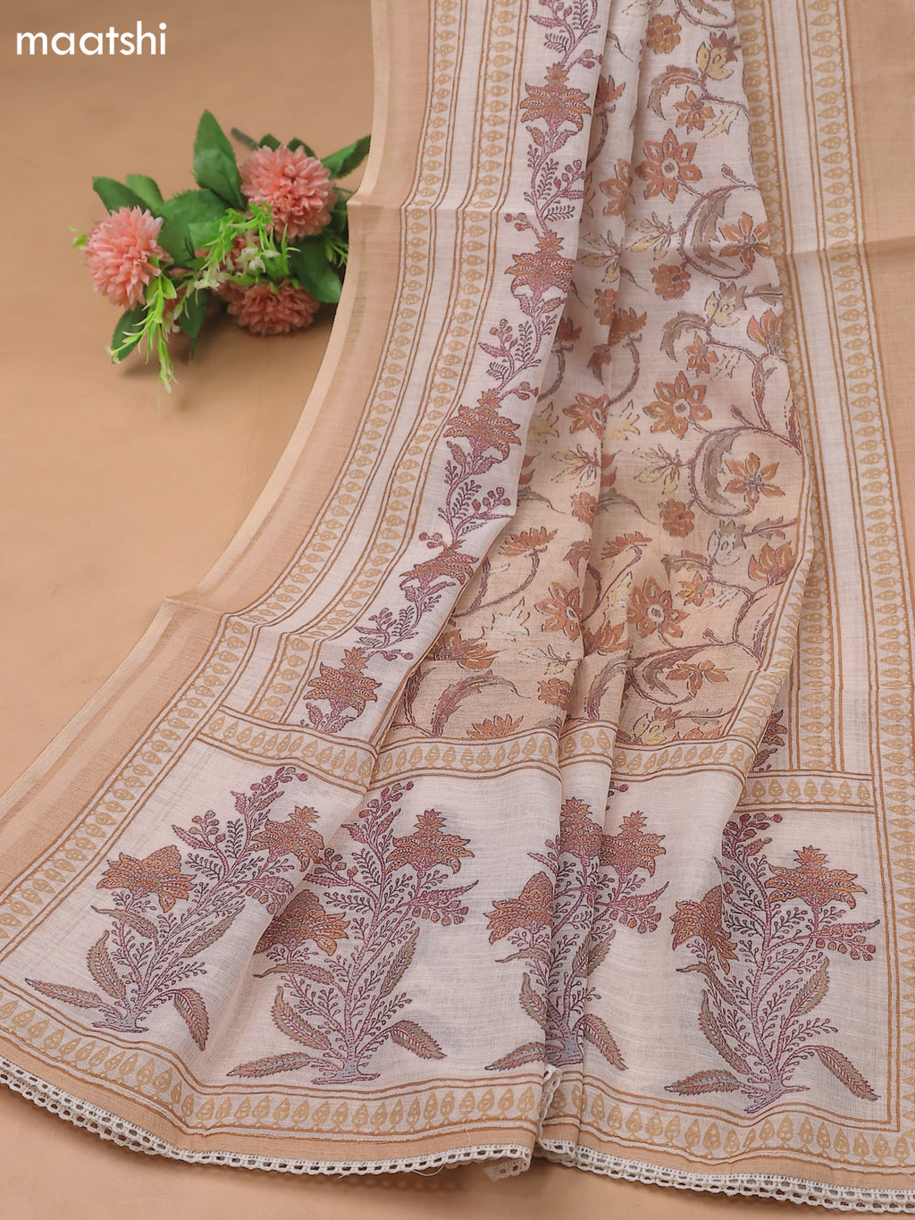 Sandal and Cream Linen Cotton Dress Materials With Floral Prints and Embroidry Work