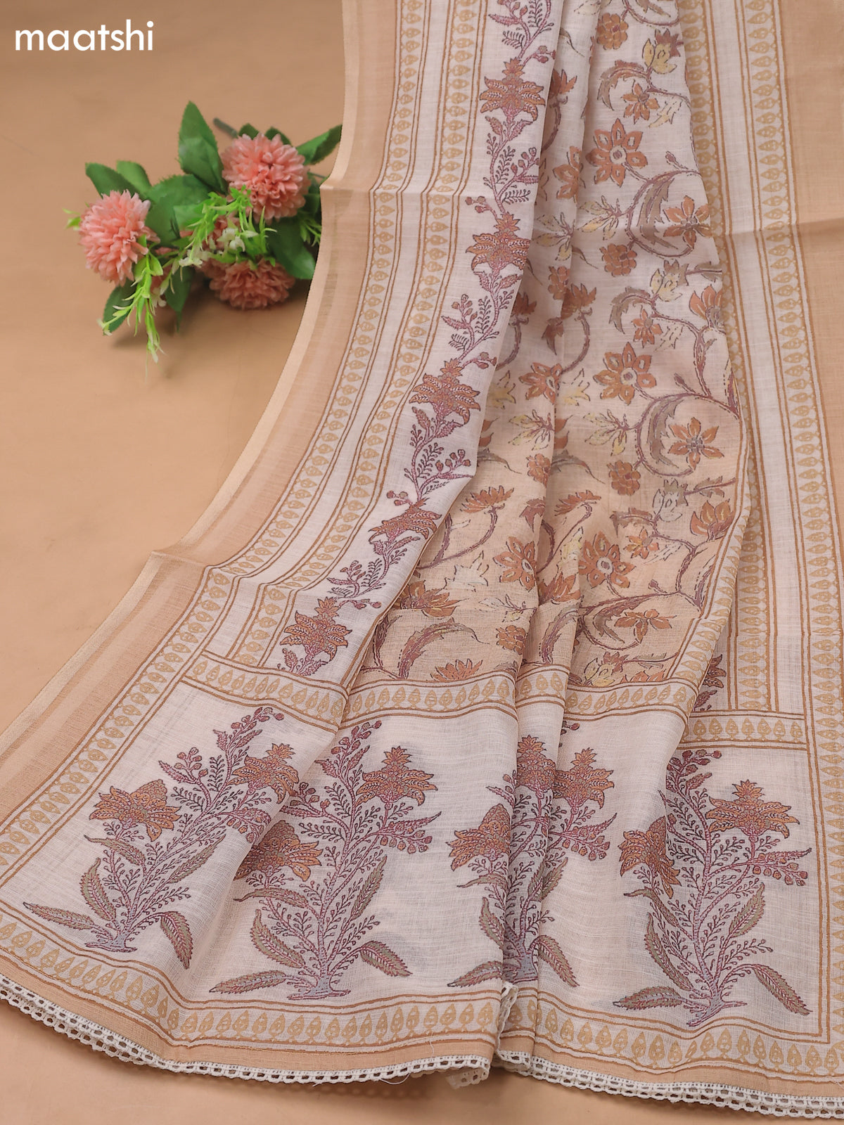 Sandal and Cream Linen Cotton Dress Materials With Floral Prints and Embroidry Work