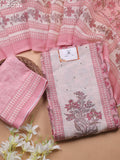 Pink and Cream Linen Cotton Dress Materials With Floral Prints and Embroidry Work