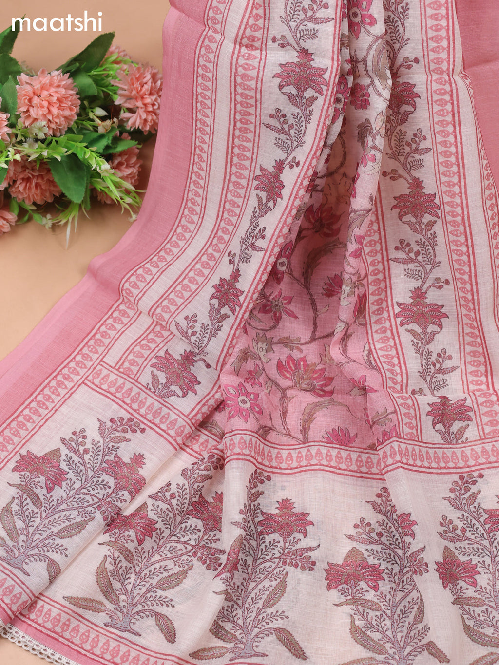 Pink and Cream Linen Cotton Dress Materials With Floral Prints and Embroidry Work