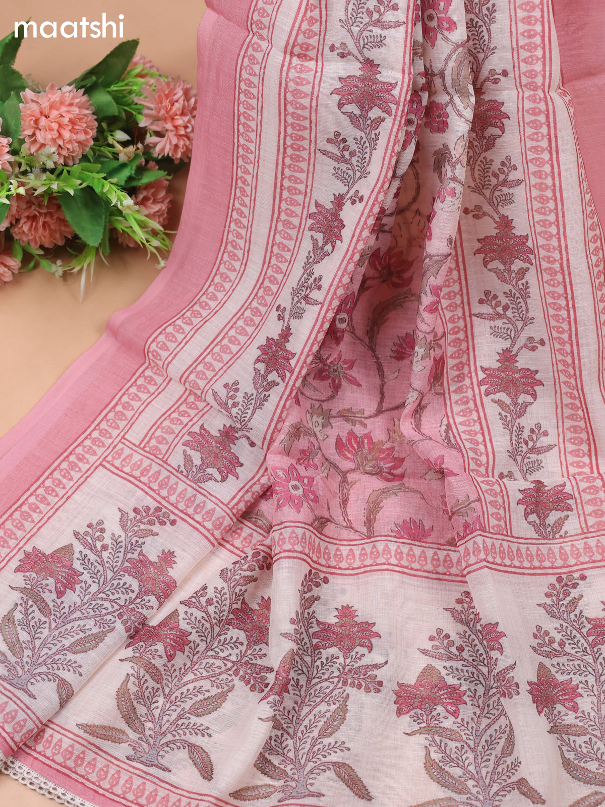 Pink and Cream Linen Cotton Dress Materials With Floral Prints and Embroidry Work