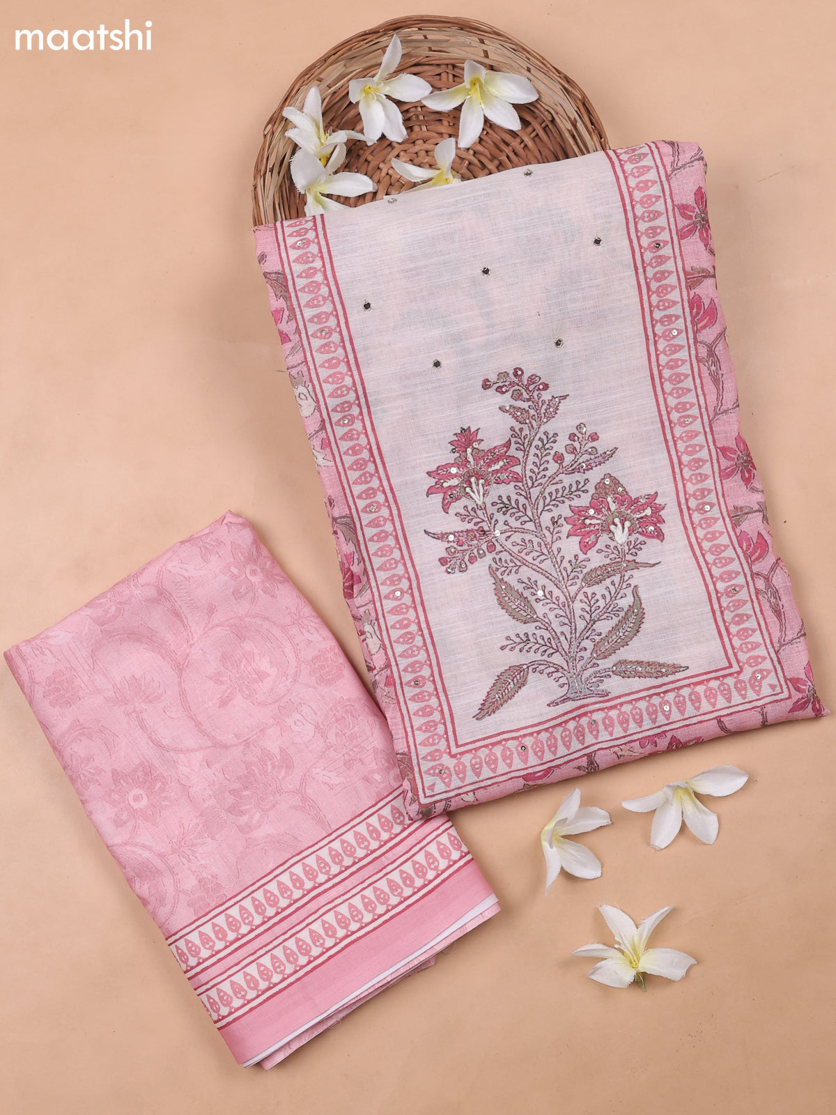 Pink and Cream Linen Cotton Dress Materials With Floral Prints and Embroidry Work