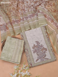 Pastel Green and Cream Linen Cotton Dress Materials With Floral Prints and Embroidry Work