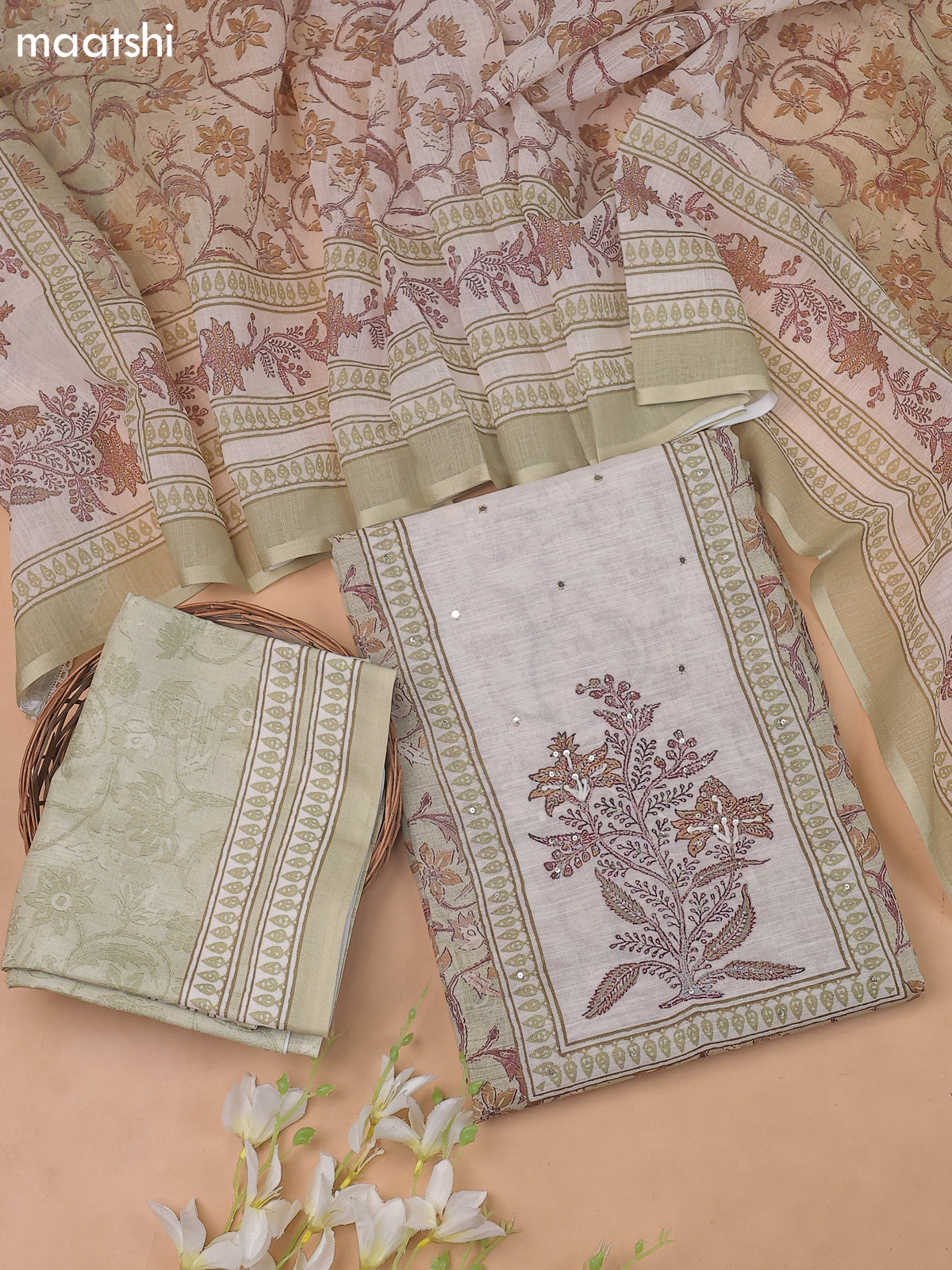 Pastel Green and Cream Linen Cotton Dress Materials With Floral Prints and Embroidry Work