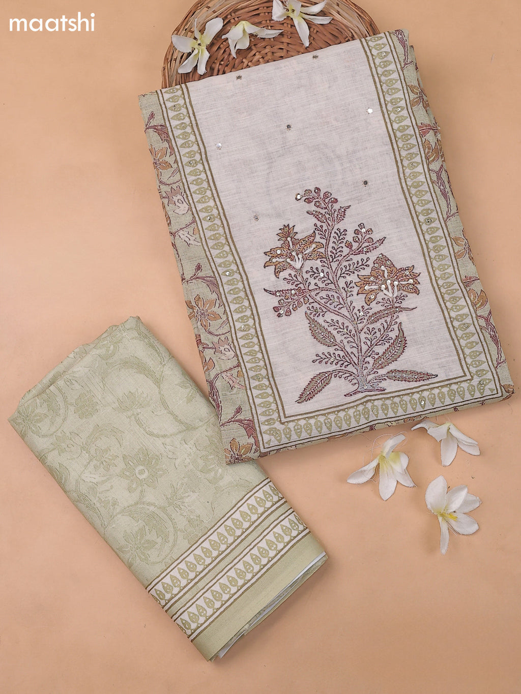 Pastel Green and Cream Linen Cotton Dress Materials With Floral Prints and Embroidry Work