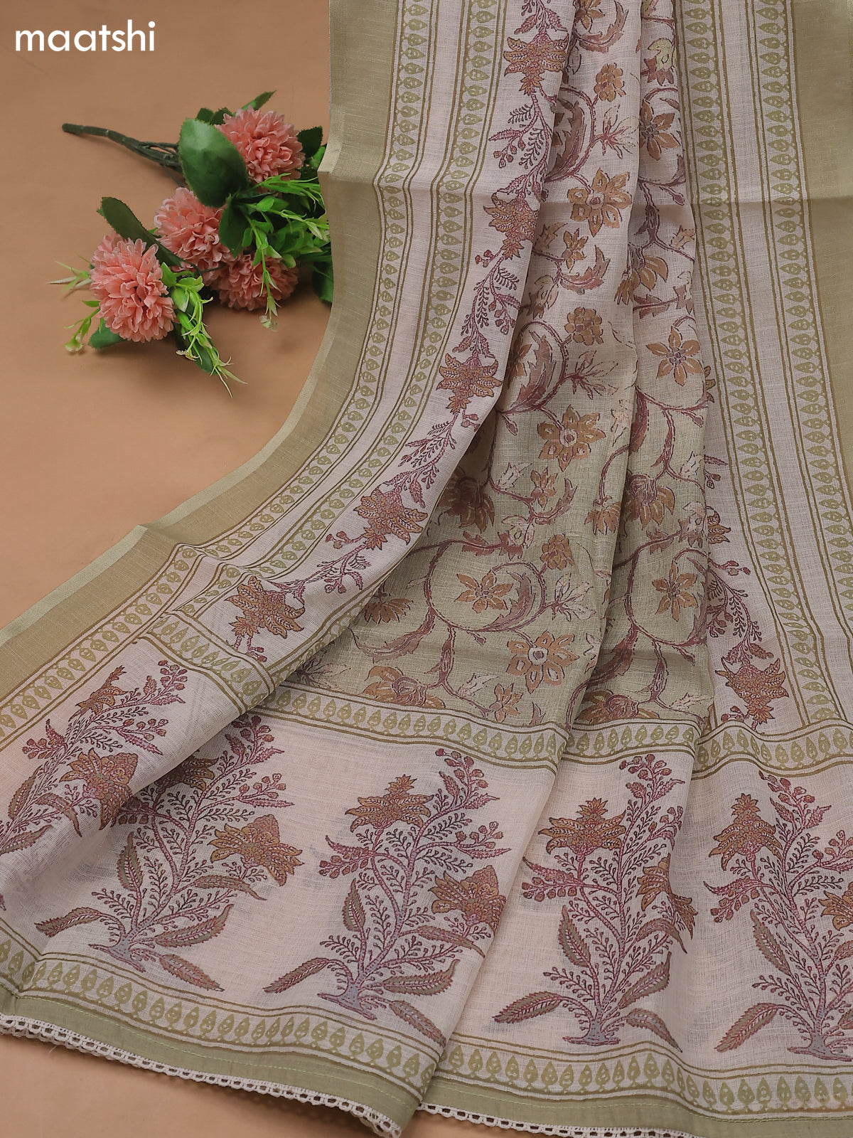 Pastel Green and Cream Linen Cotton Dress Materials With Floral Prints and Embroidry Work