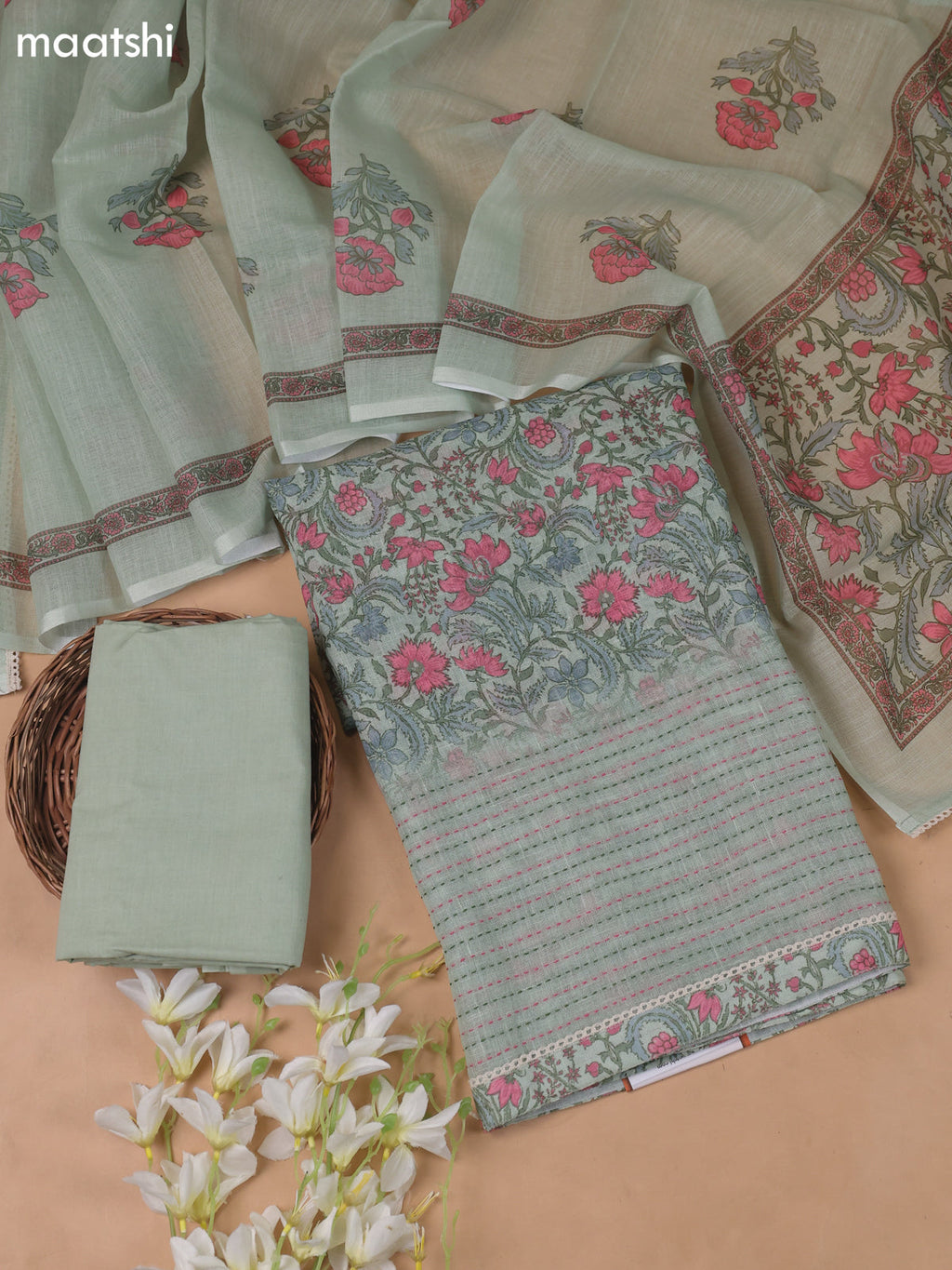 Pastel Green Linen Cotton Dress Material With Floral Prints and Kantha Striched Work