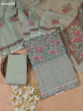 Pastel Green Linen Cotton Dress Material With Floral Prints and Kantha Striched Work