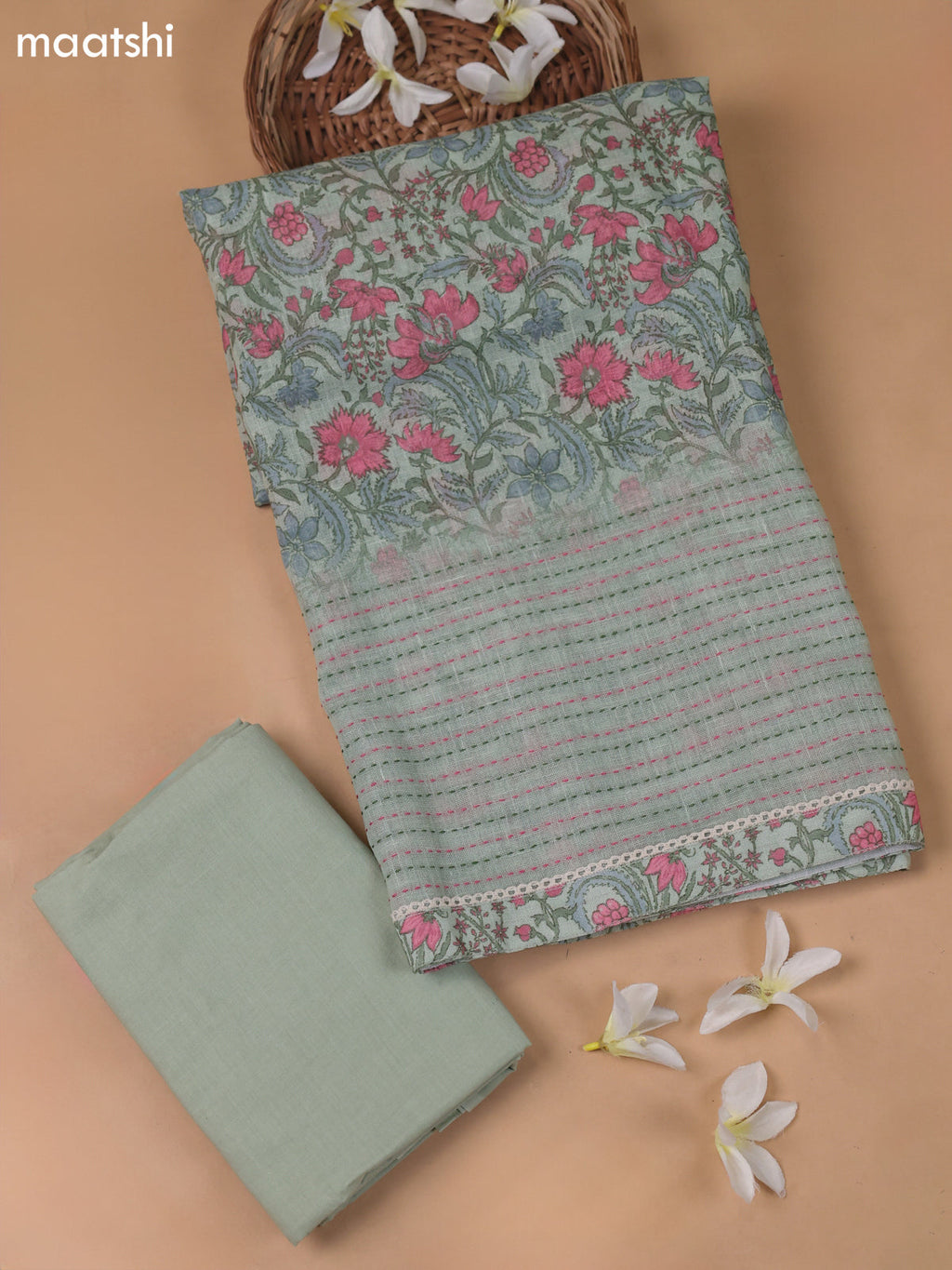 Pastel Green Linen Cotton Dress Material With Floral Prints and Kantha Striched Work