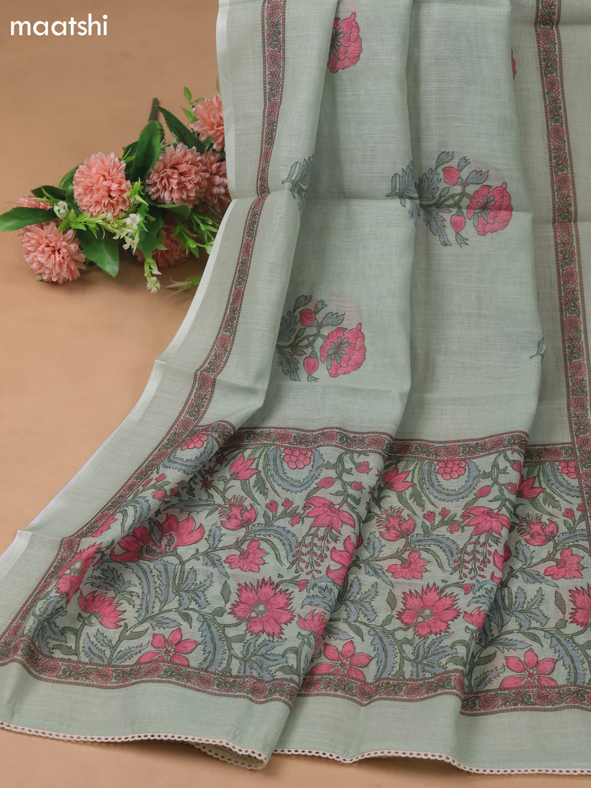 Pastel Green Linen Cotton Dress Material With Floral Prints and Kantha Striched Work
