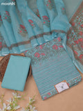 Light Blue Linen Cotton Dress Material With Floral Prints and Kantha Striched Work