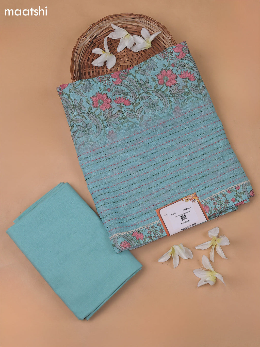 Light Blue Linen Cotton Dress Material With Floral Prints and Kantha Striched Work