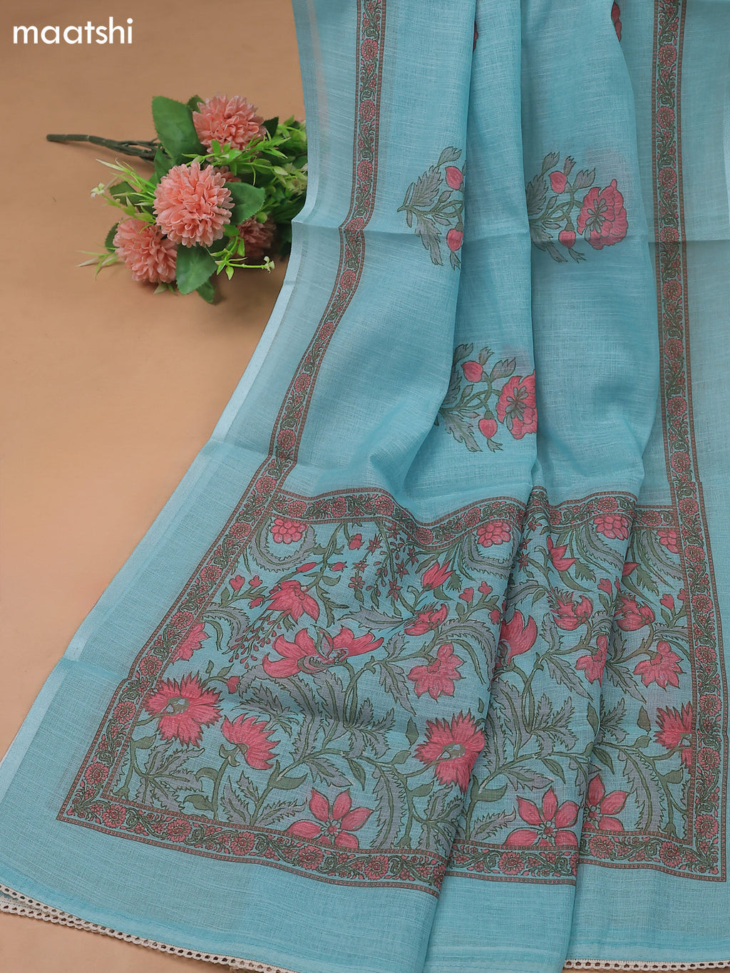 Light Blue Linen Cotton Dress Material With Floral Prints and Kantha Striched Work
