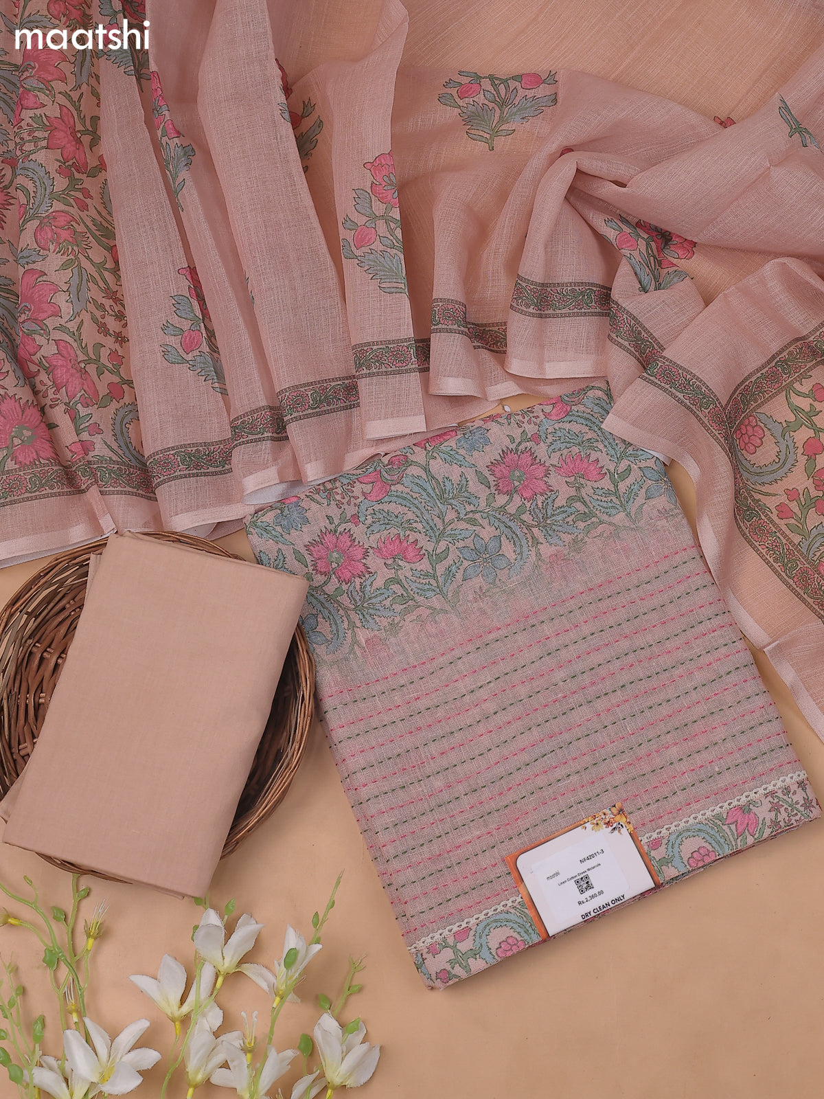 Peach Pink Linen Cotton Dress Material With Floral Prints and Kantha Striched Work
