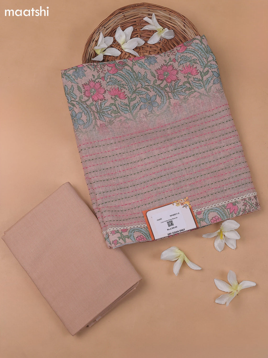Peach Pink Linen Cotton Dress Material With Floral Prints and Kantha Striched Work