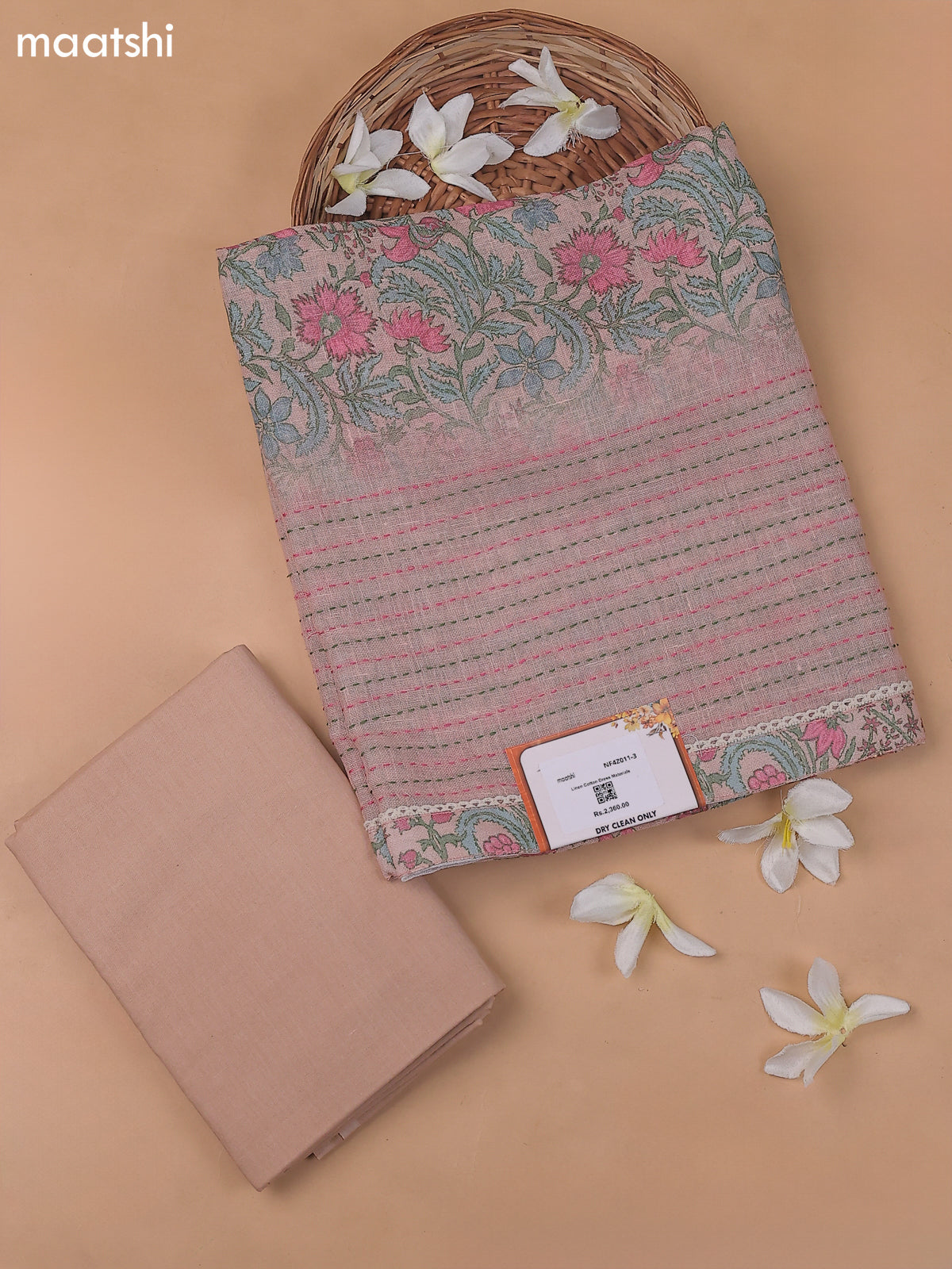 Peach Pink Linen Cotton Dress Material With Floral Prints and Kantha Striched Work