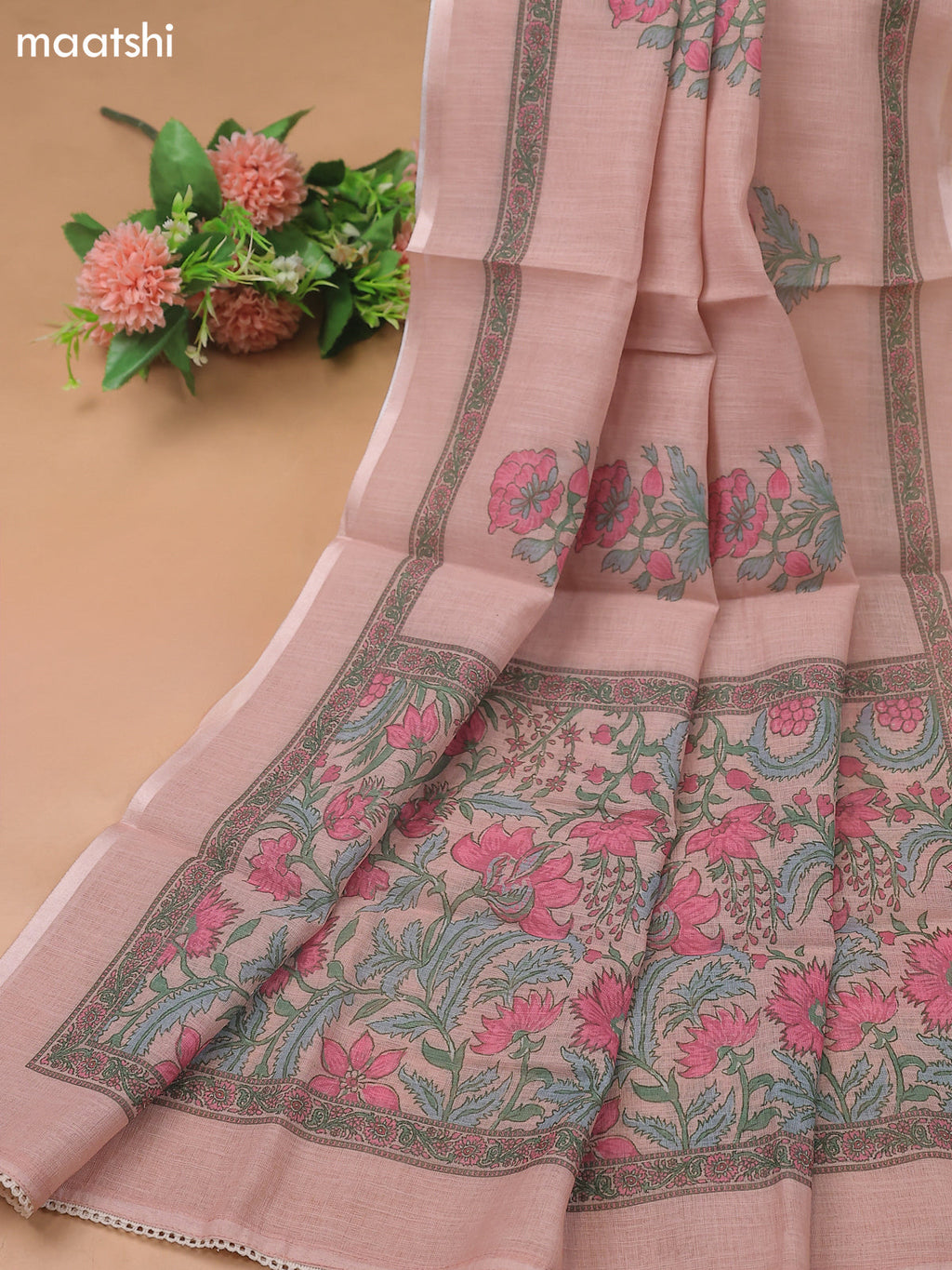 Peach Pink Linen Cotton Dress Material With Floral Prints and Kantha Striched Work