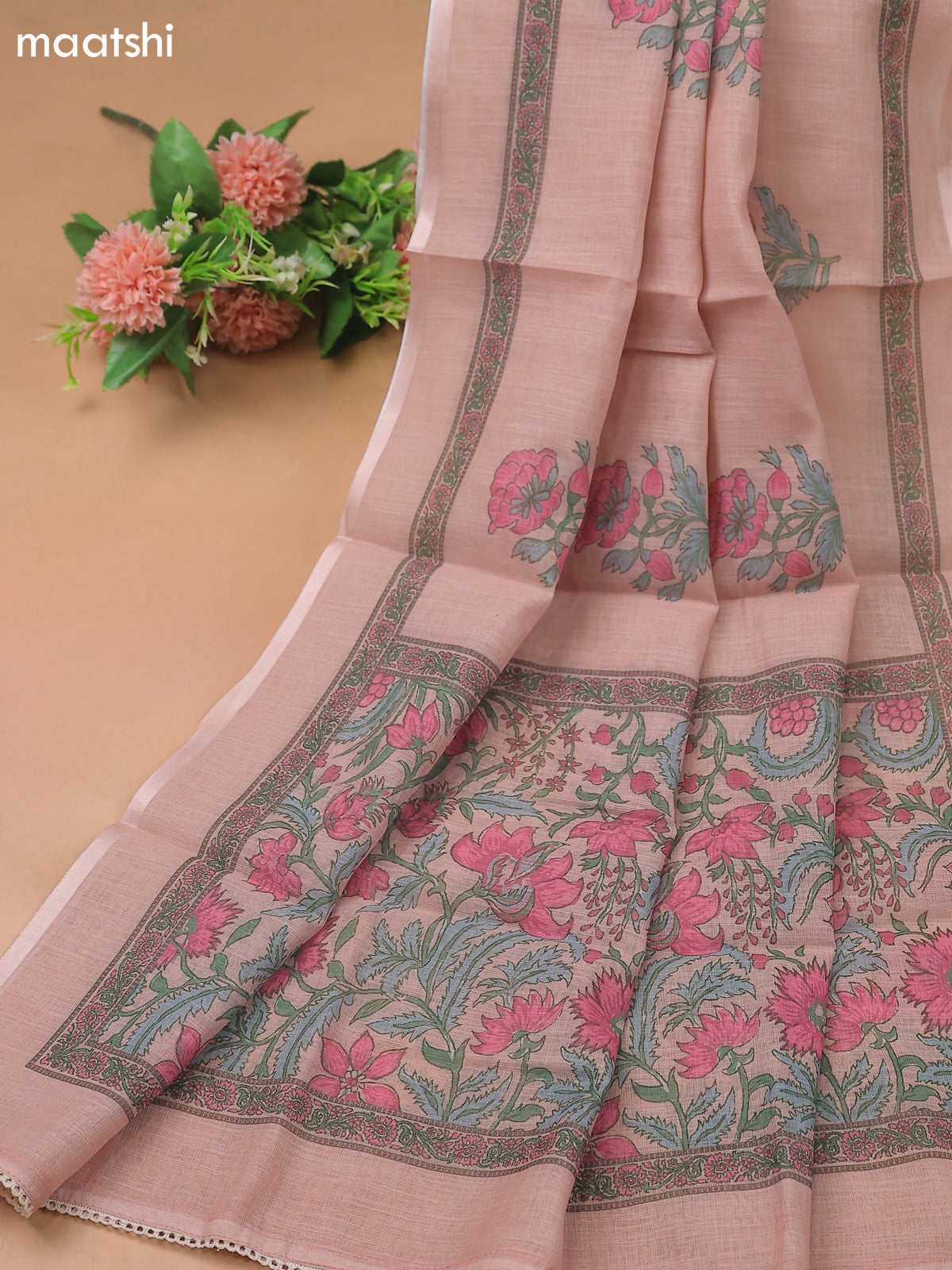 Peach Pink Linen Cotton Dress Material With Floral Prints and Kantha Striched Work