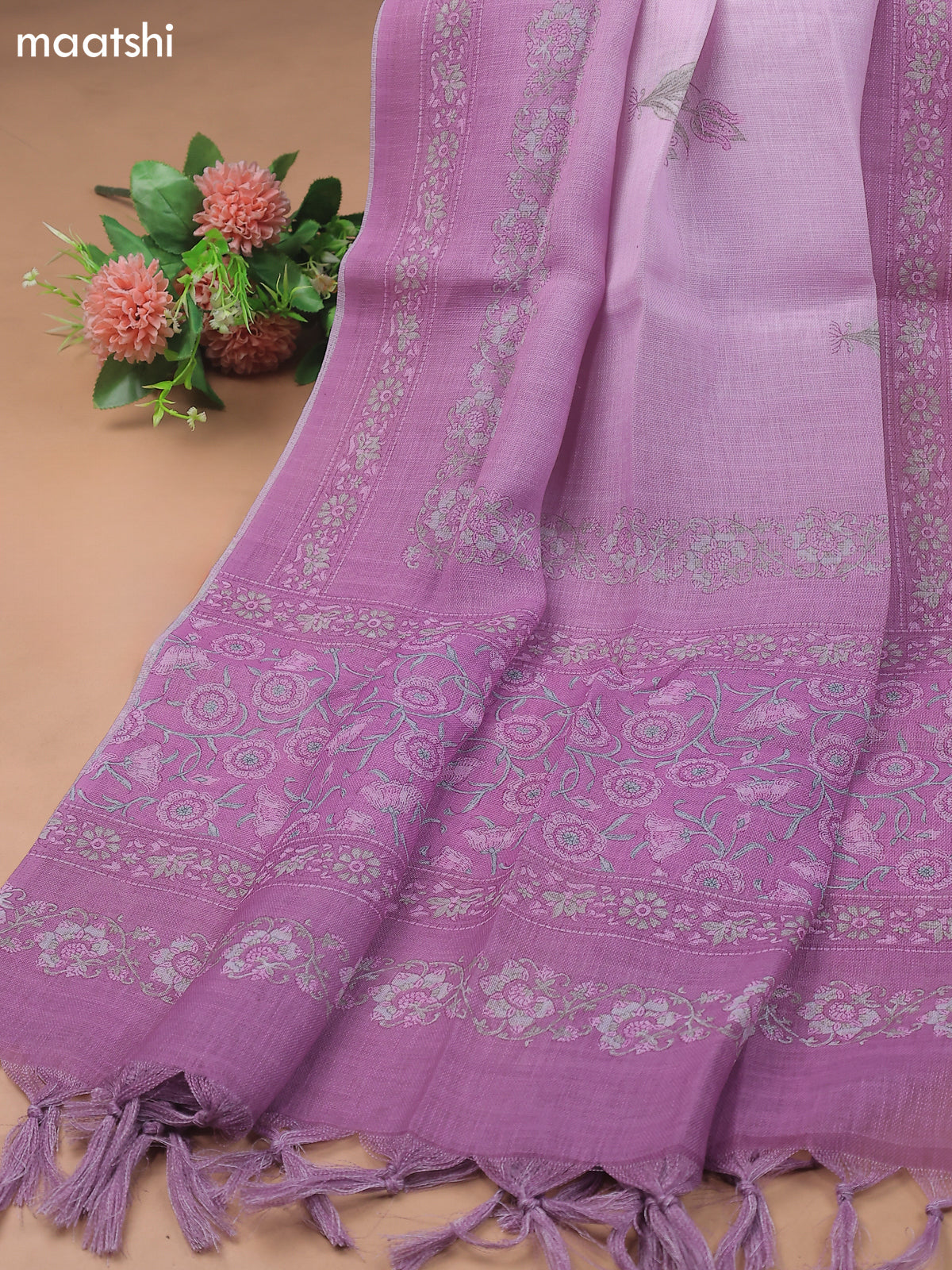 Lavender Linen Cotton Dress Materials With Allover Floral Prints and Embroidry Work