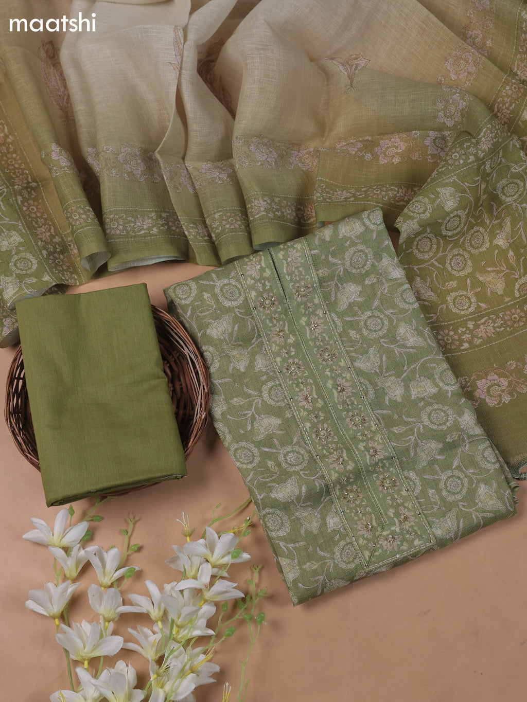 Green Linen Cotton Dress Materials With Allover Floral Prints and Embroidry Work