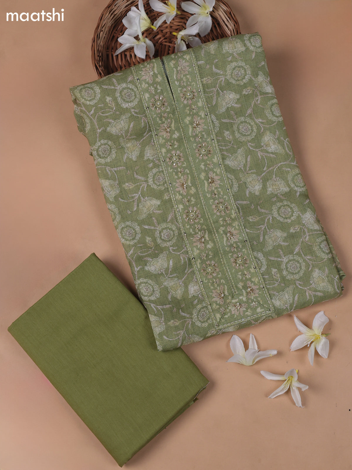 Green Linen Cotton Dress Materials With Allover Floral Prints and Embroidry Work