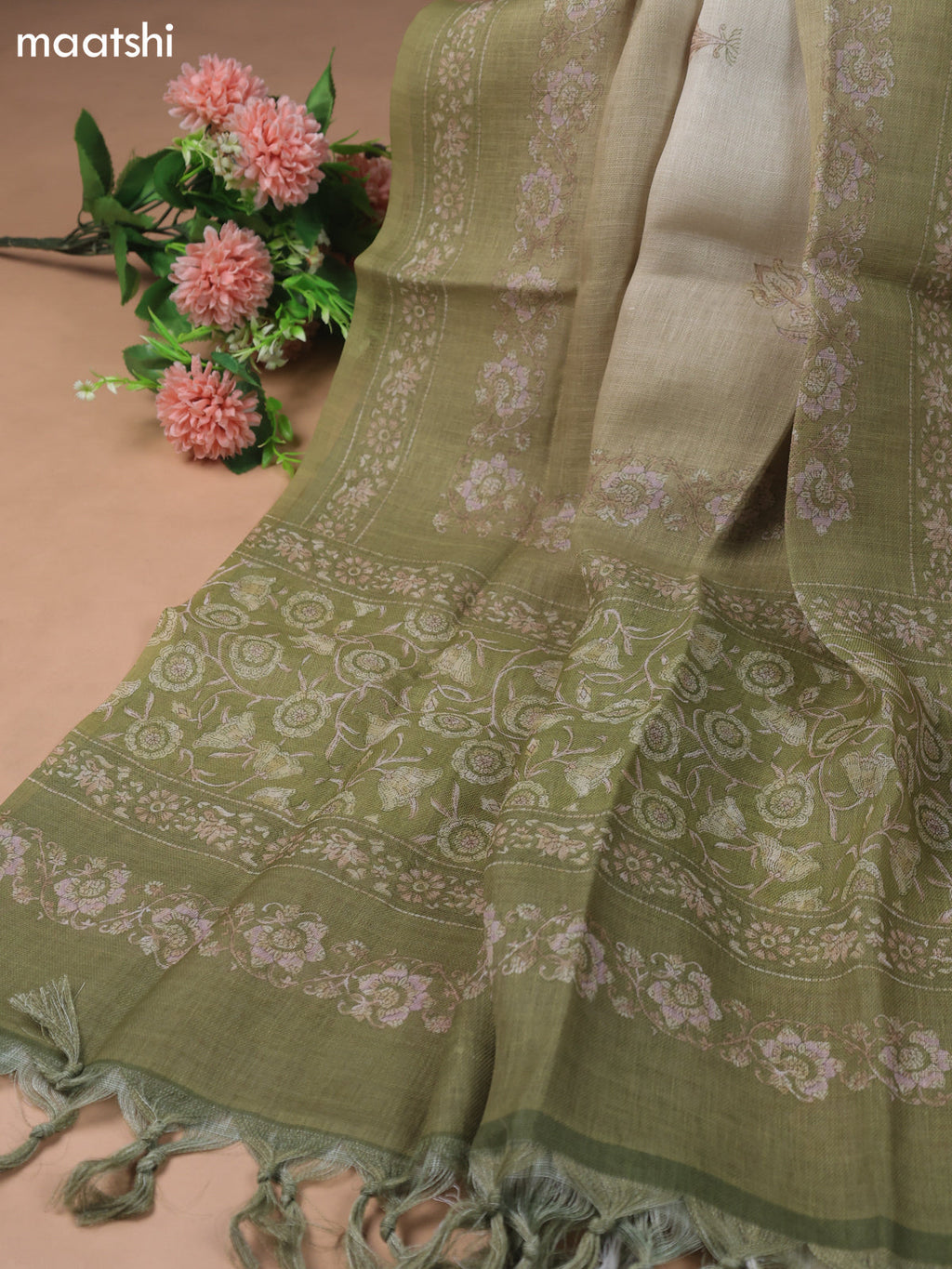 Green Linen Cotton Dress Materials With Allover Floral Prints and Embroidry Work