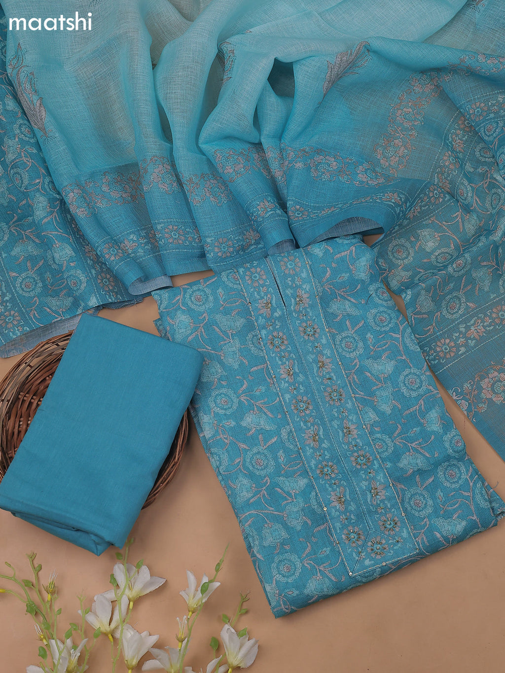 Teal Blue Linen Cotton Dress Materials With Allover Floral Prints and Embroidry Work