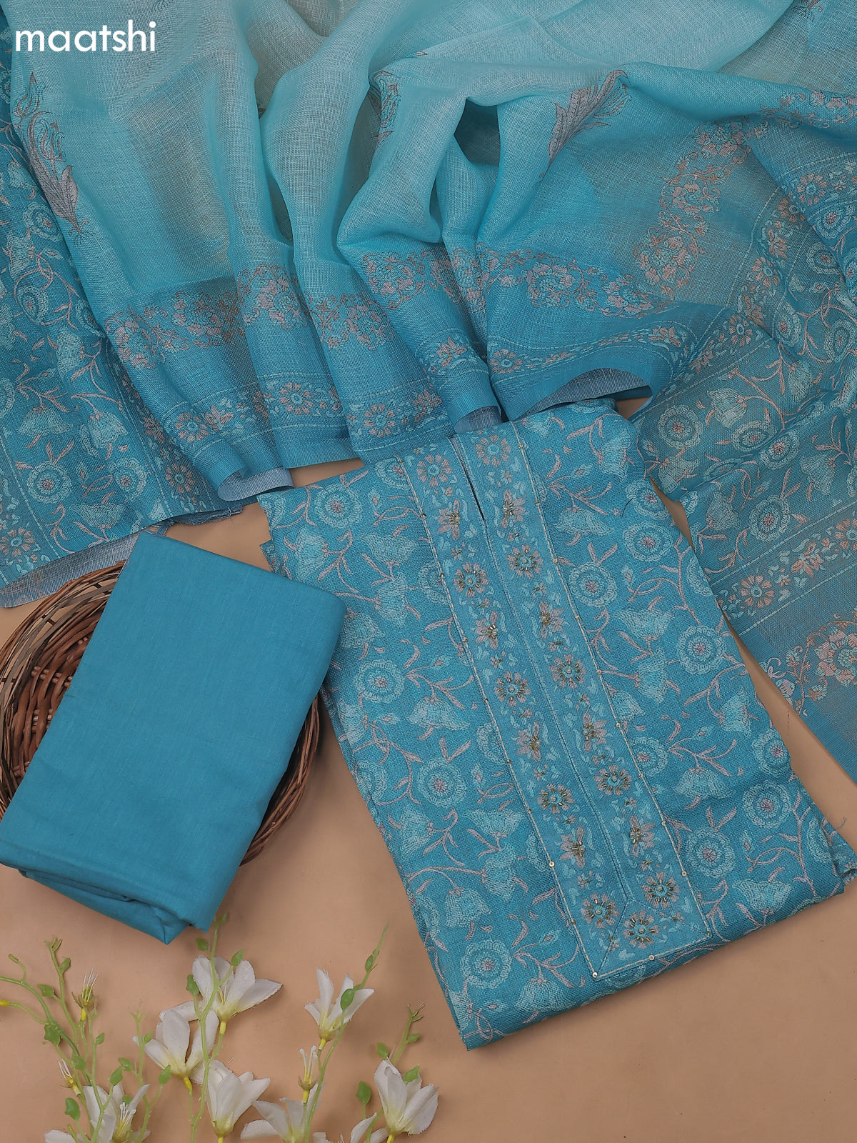 Teal Blue Linen Cotton Dress Materials With Allover Floral Prints and Embroidry Work
