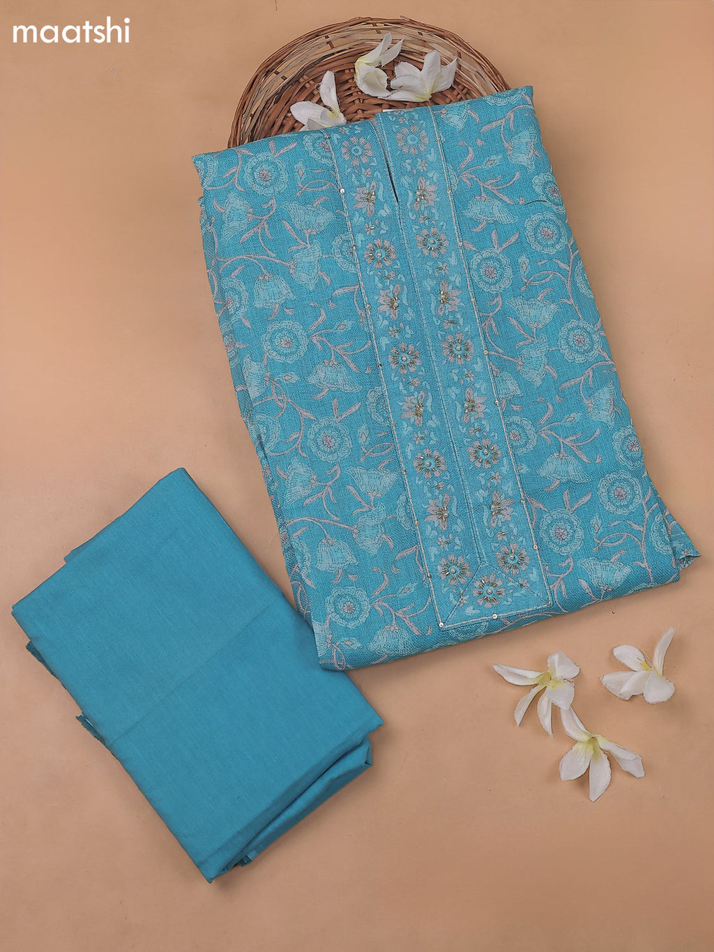 Teal Blue Linen Cotton Dress Materials With Allover Floral Prints and Embroidry Work