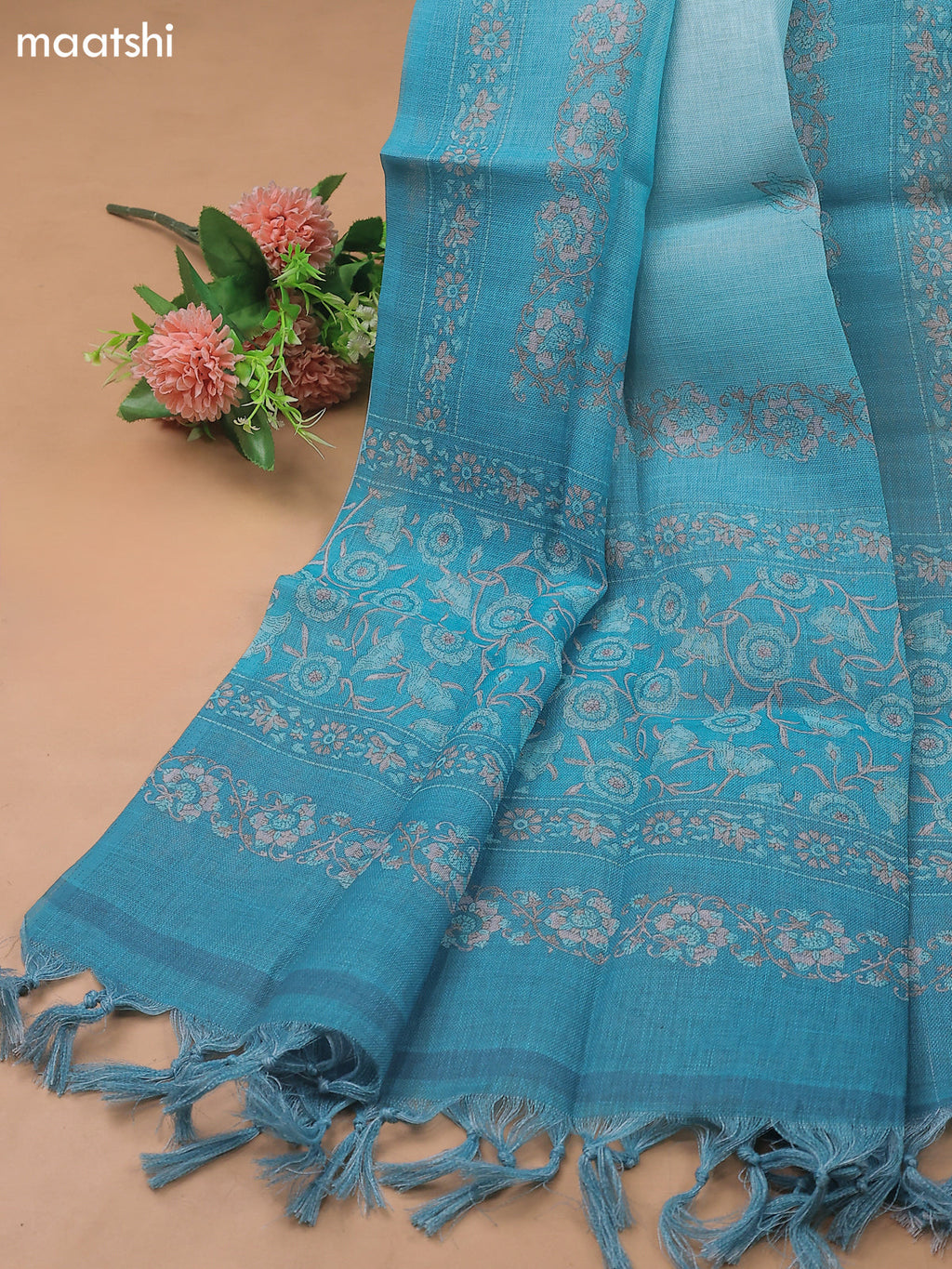 Teal Blue Linen Cotton Dress Materials With Allover Floral Prints and Embroidry Work