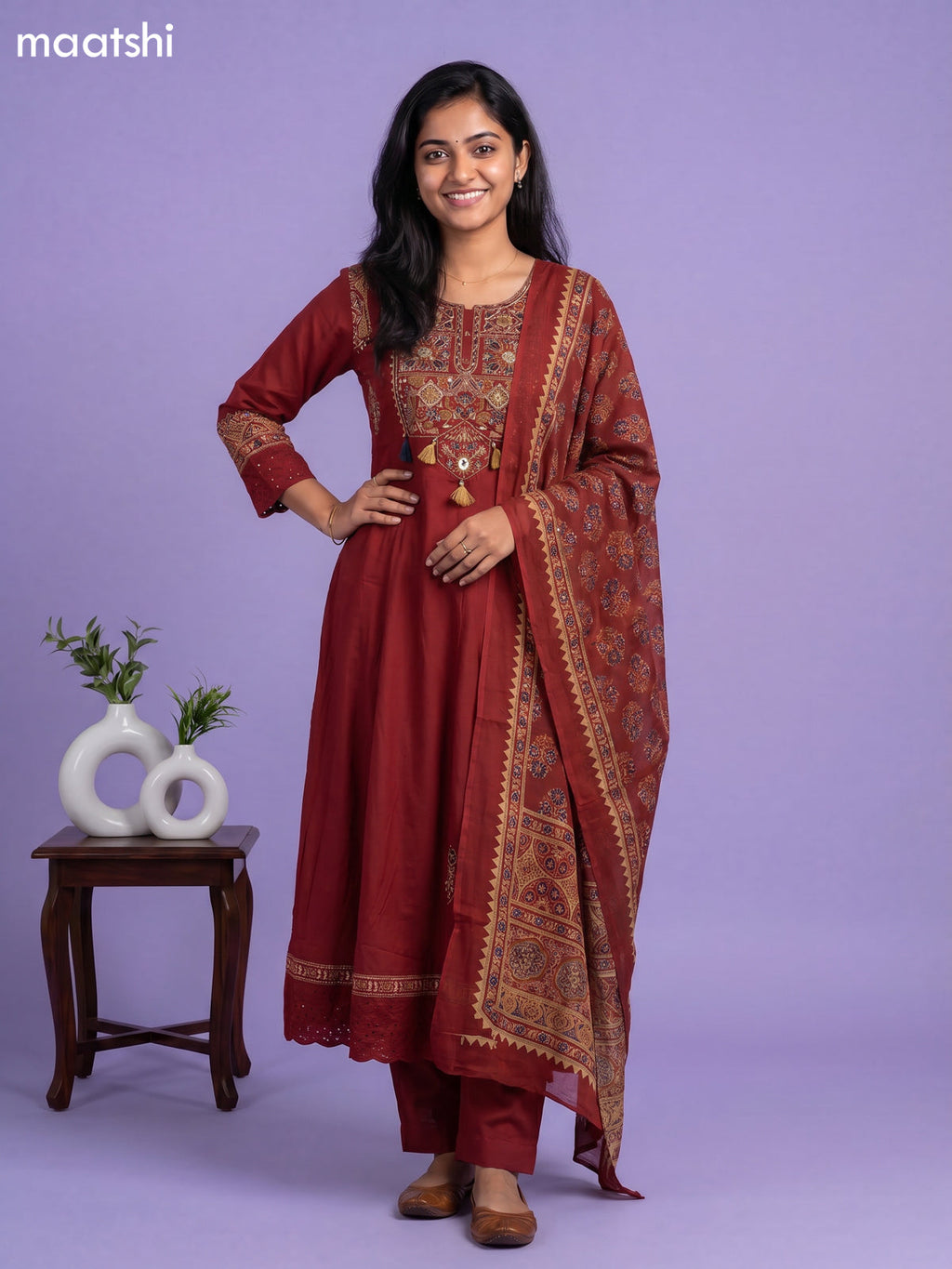 Mehandi Green Cotton Ajrakh Printed & Embroidery Work Anarkali Suit