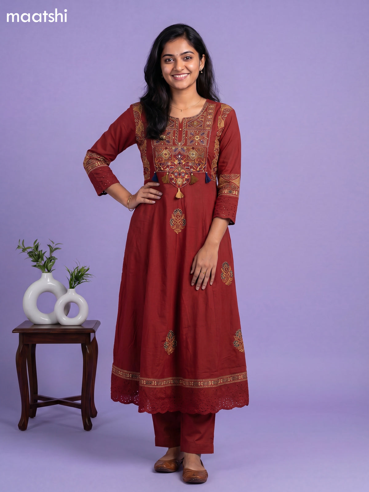 Mehandi Green Cotton Ajrakh Printed & Embroidery Work Anarkali Suit