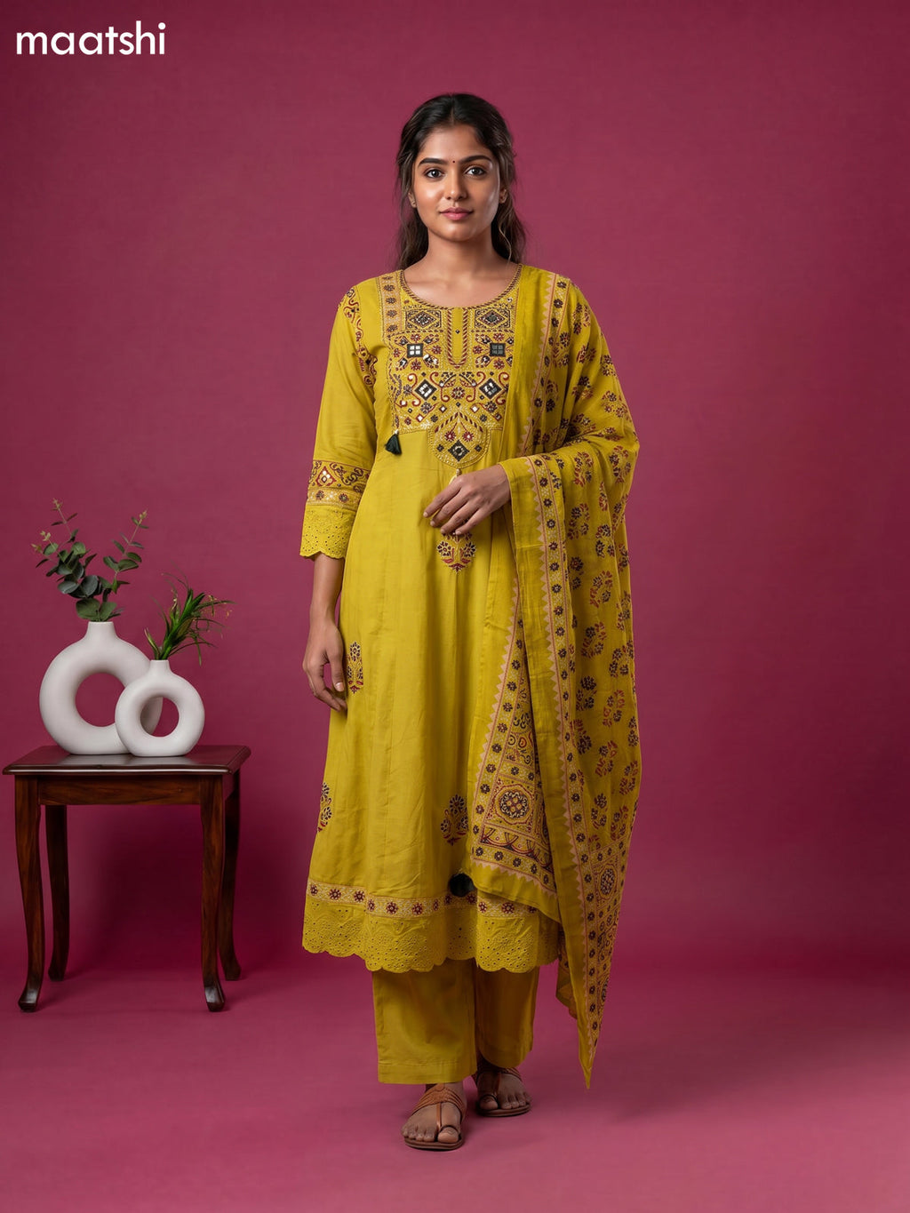 Rustic Maroon Cotton Ajrakh Printed & Embroidery Work Anarkali Suit