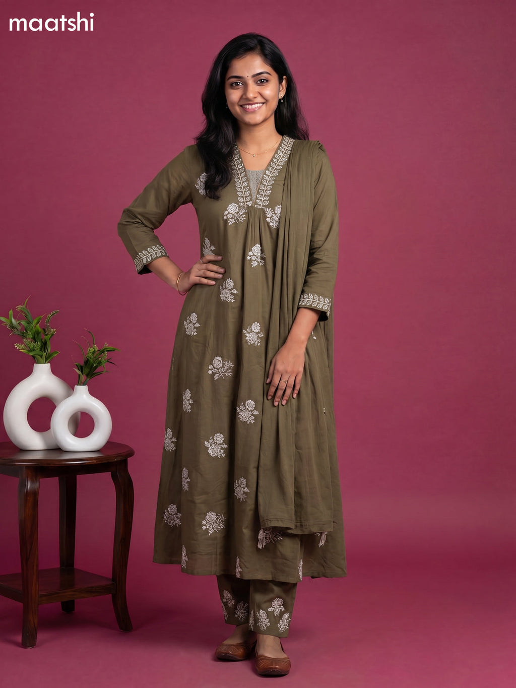 Sap Green Cotton Embroidery Work Anarkali Suit