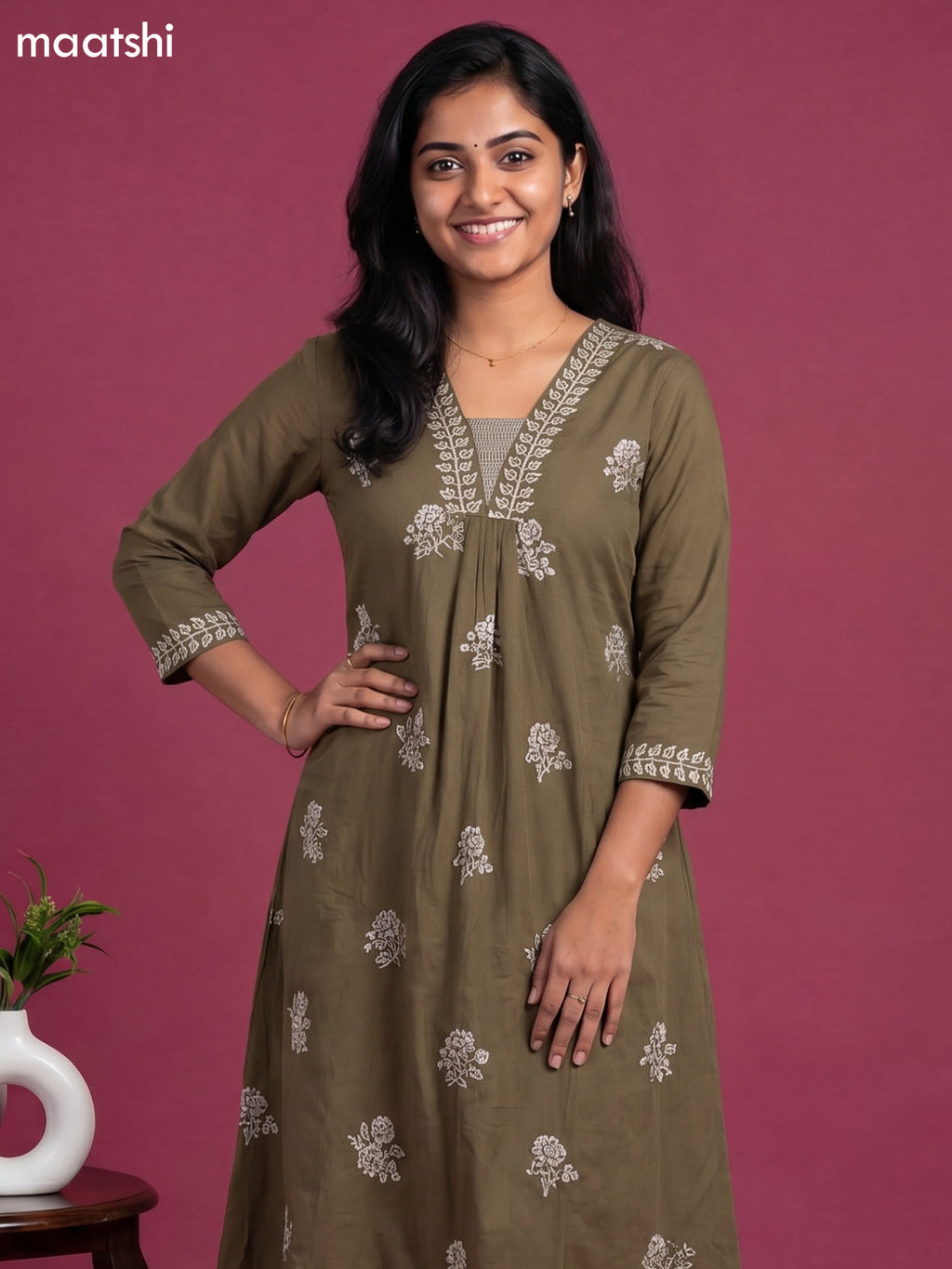 Sap Green Cotton Embroidery Work Anarkali Suit