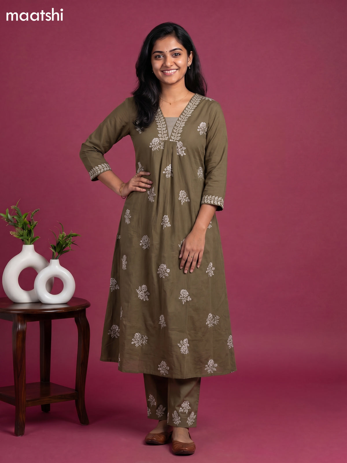 Sap Green Cotton Embroidery Work Anarkali Suit