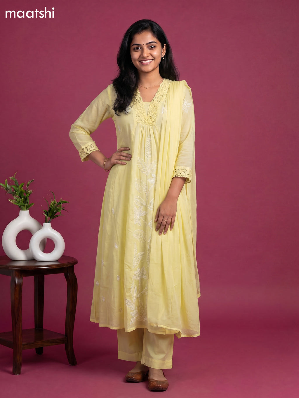 Pale Yellow Cotton Embroidery Work Anarkali Suit