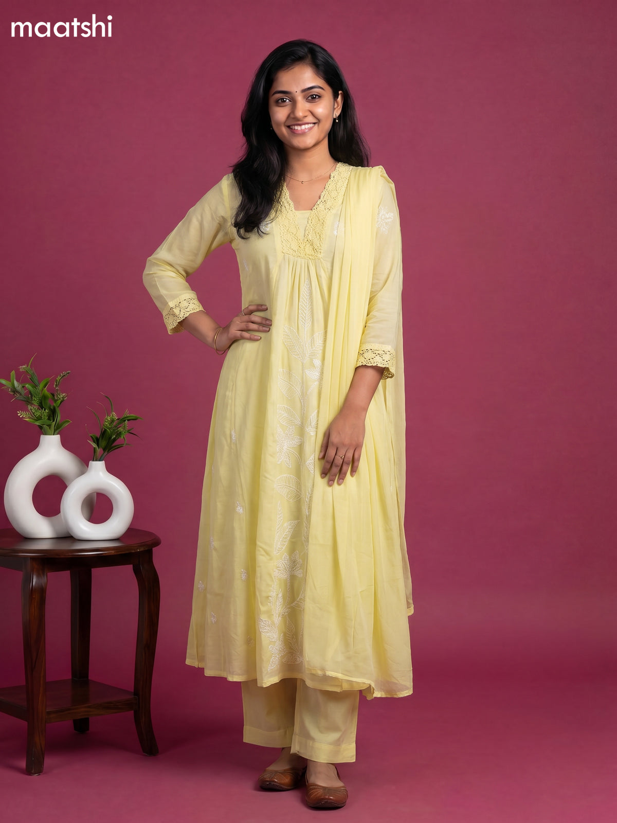 Pale Yellow Cotton Embroidery Work Anarkali Suit