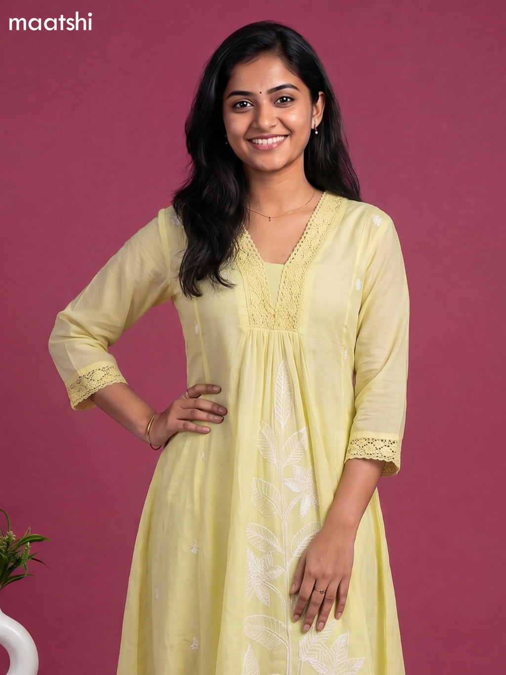Pale Yellow Cotton Embroidery Work Anarkali Suit