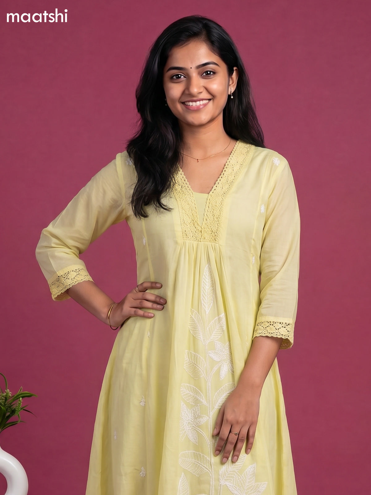 Pale Yellow Cotton Embroidery Work Anarkali Suit