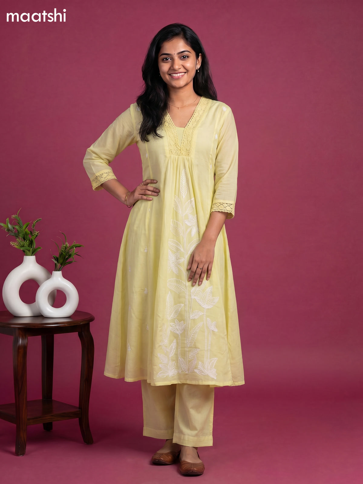 Pale Yellow Cotton Embroidery Work Anarkali Suit