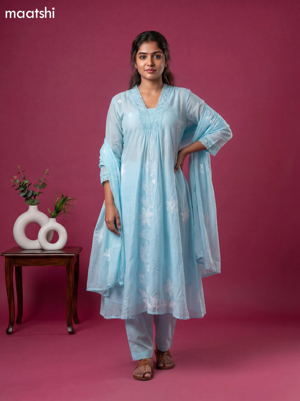 Sky Blue Cotton Embroidery Work Anarkali Suit
