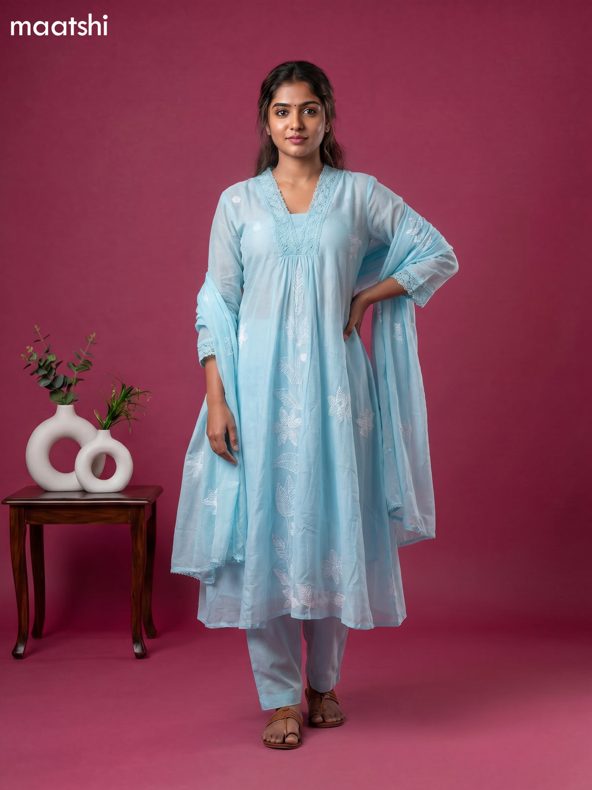 Sky Blue Cotton Embroidery Work Anarkali Suit