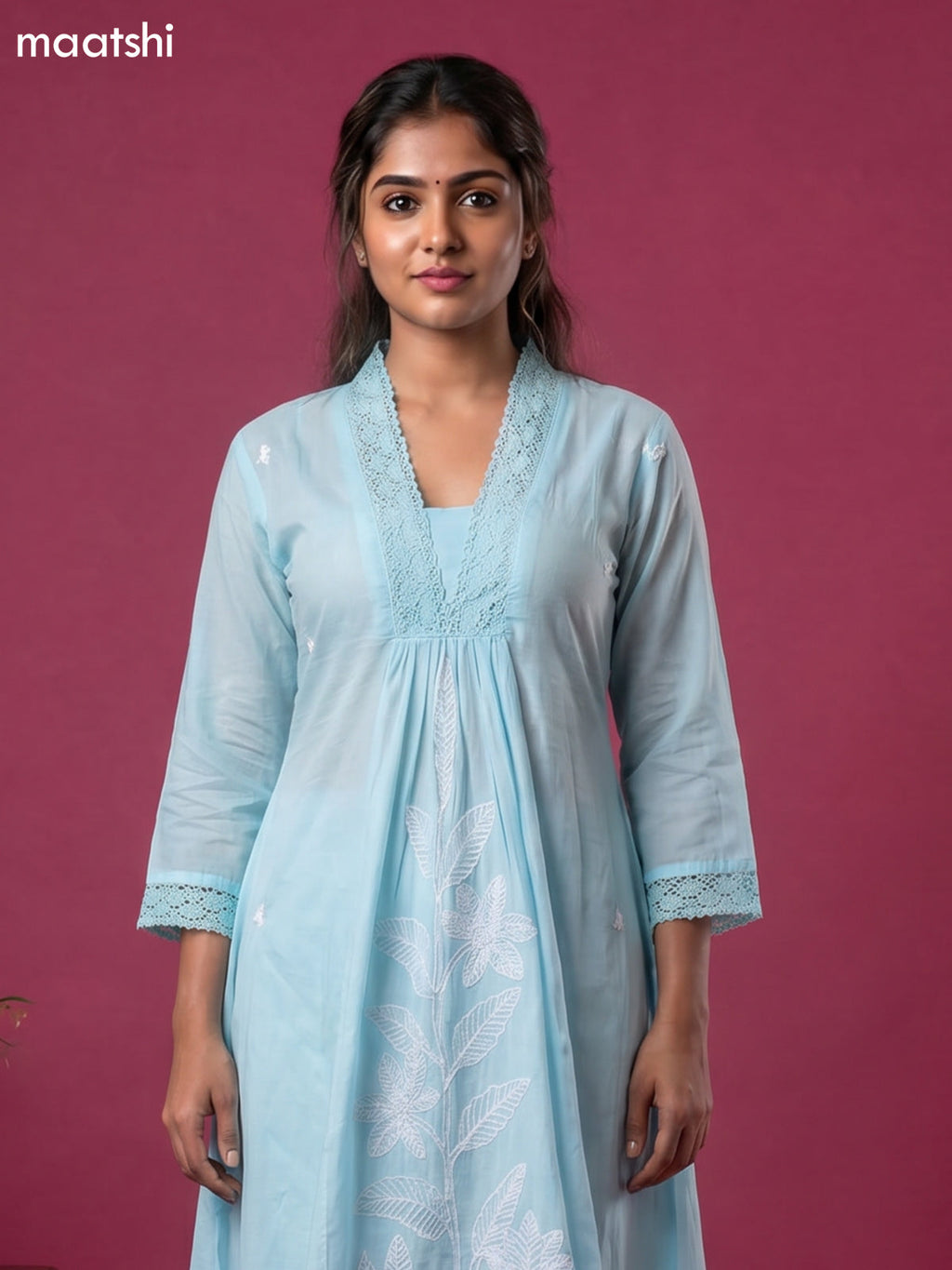 Sky Blue Cotton Embroidery Work Anarkali Suit