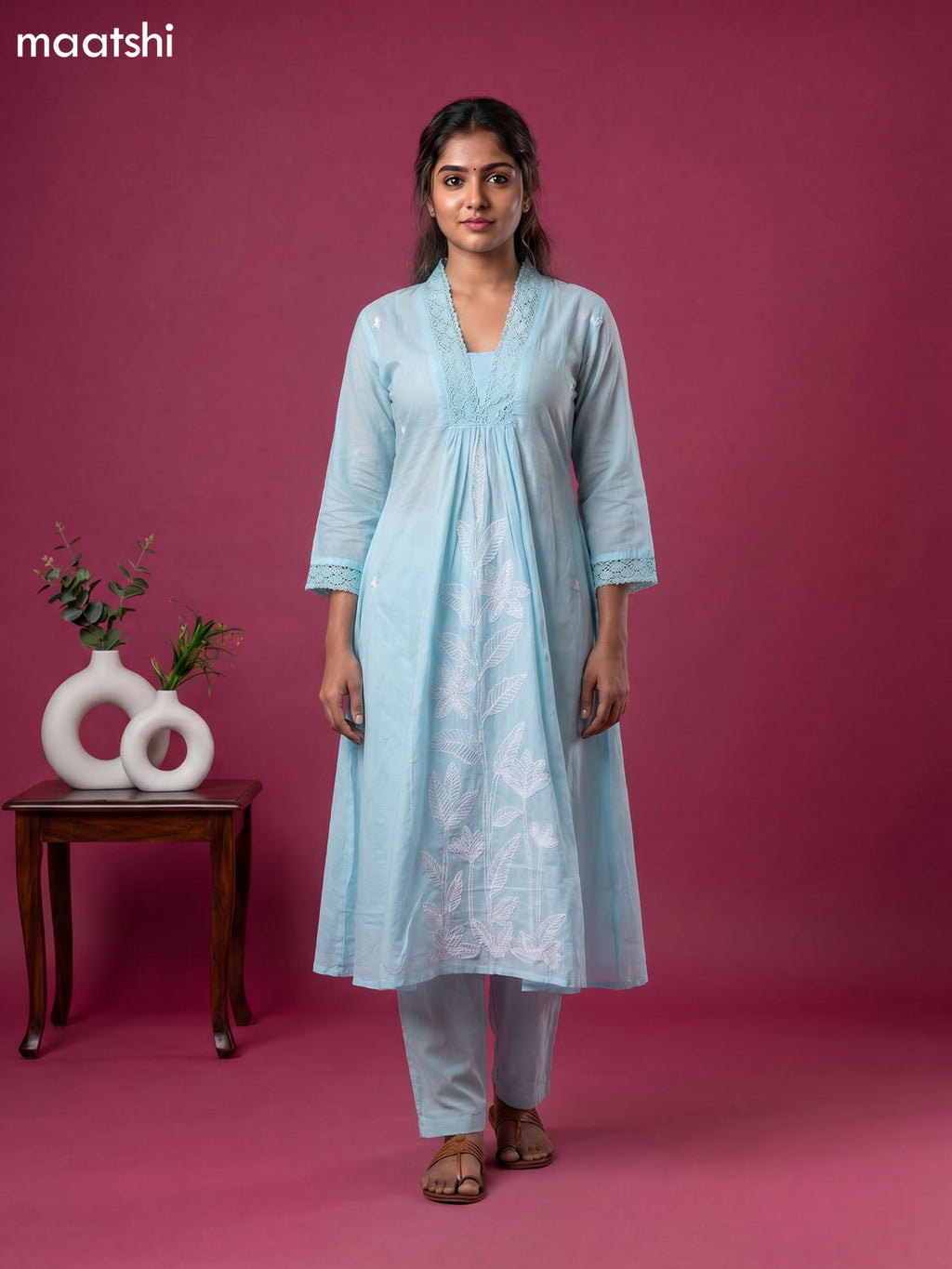 Sky Blue Cotton Embroidery Work Anarkali Suit
