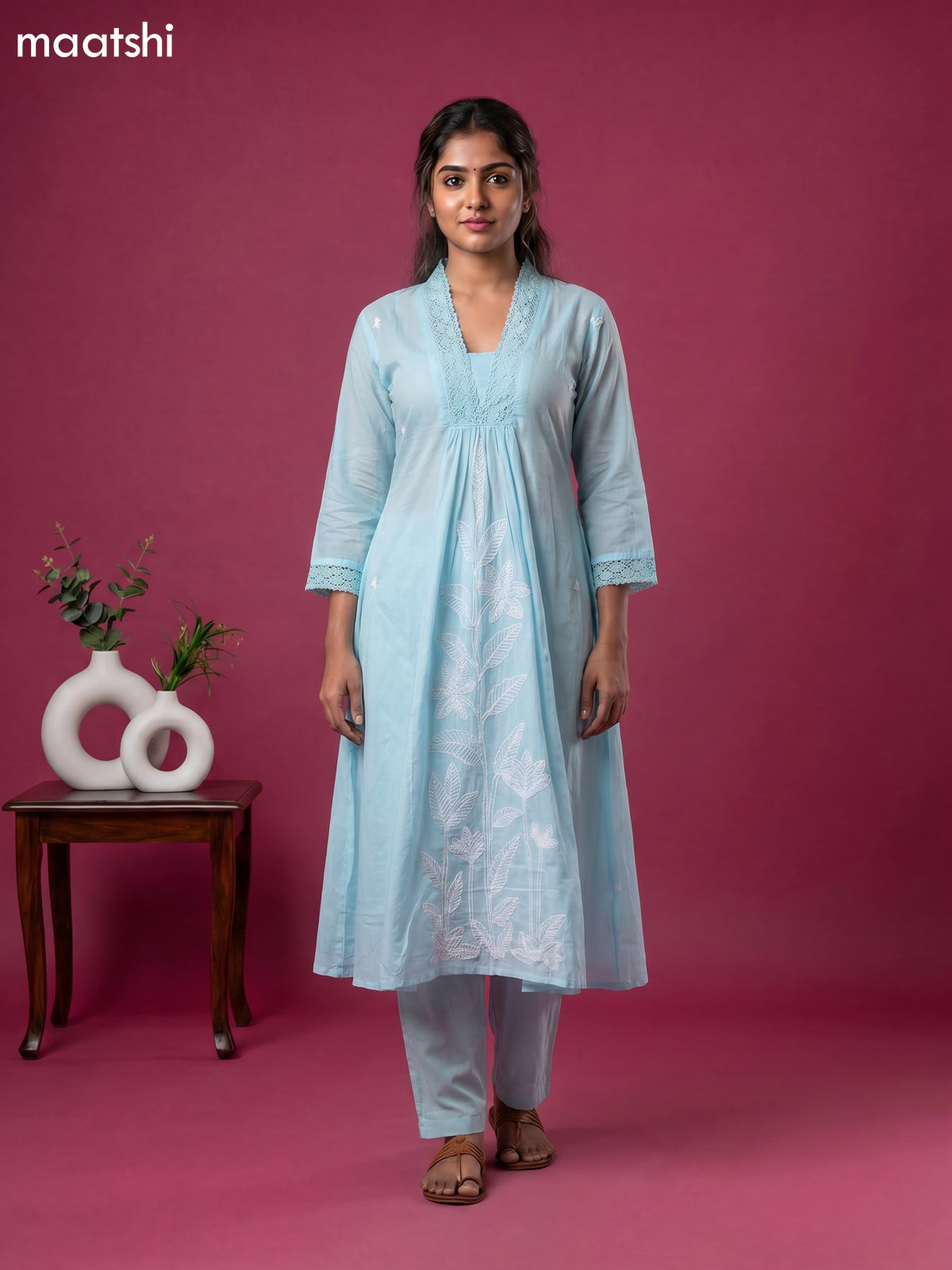 Sky Blue Cotton Embroidery Work Anarkali Suit