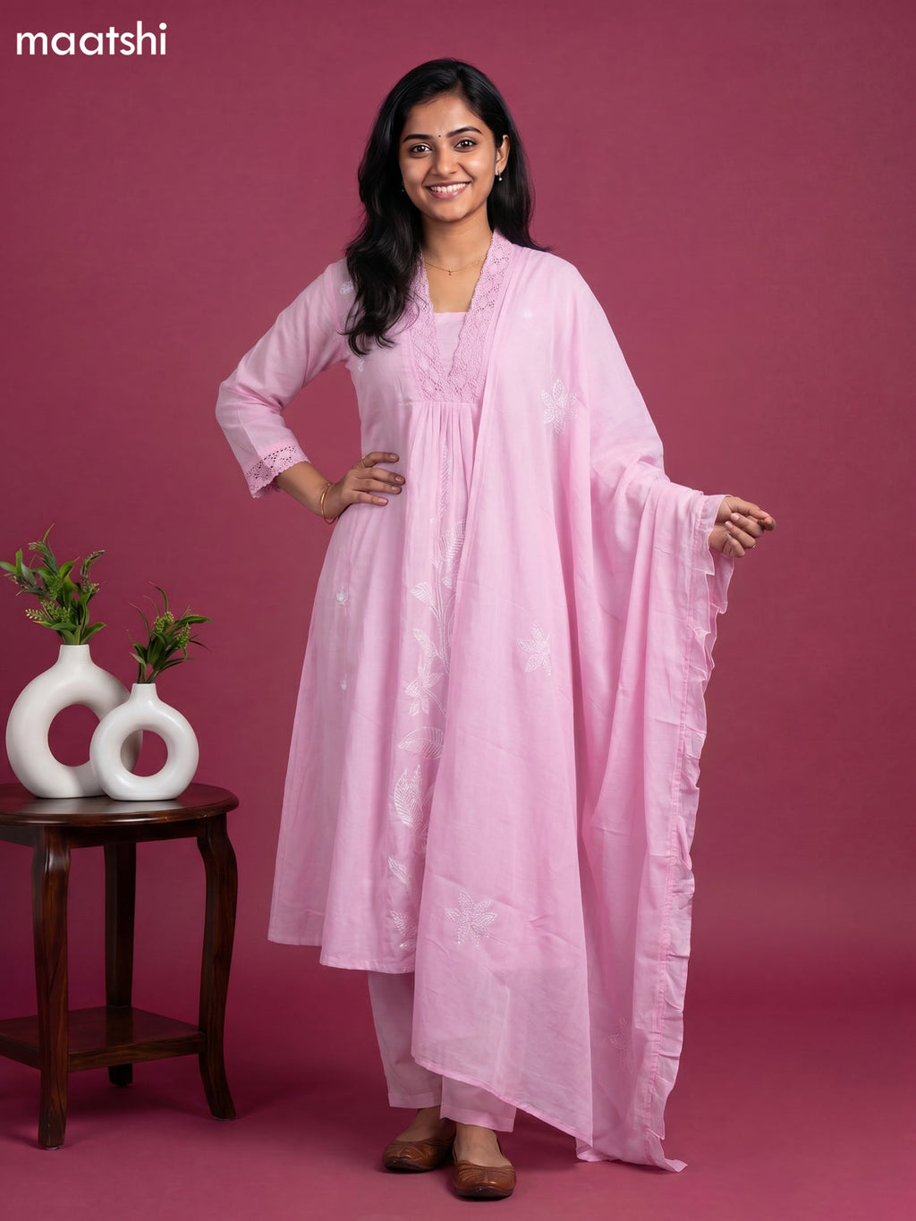 Pink Cotton Embroidery Work Anarkali Suit