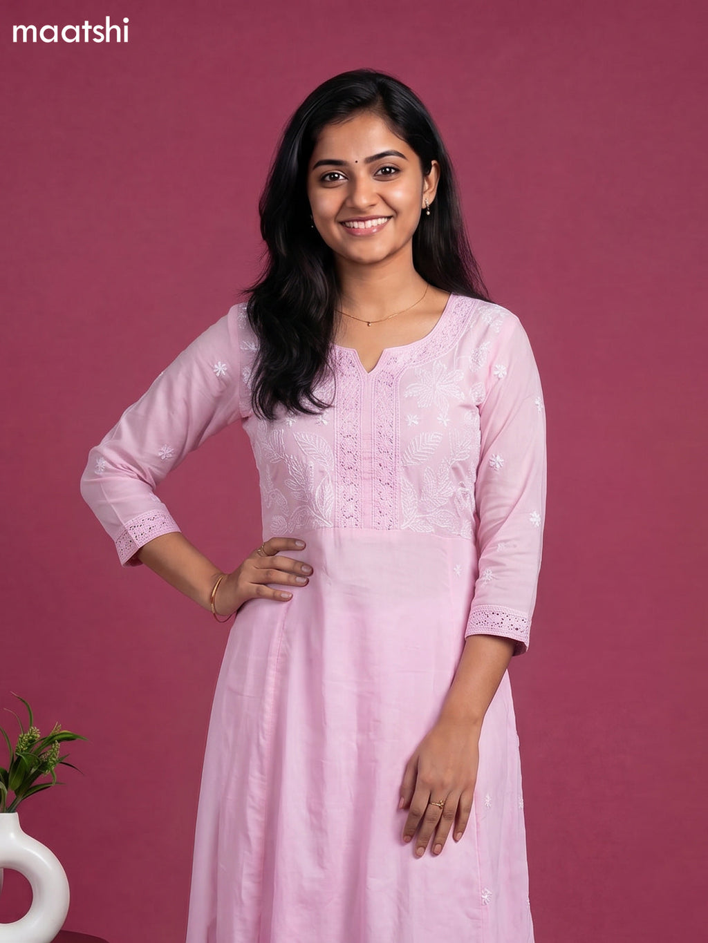 Pink Cotton Embroidery Work Anarkali Suit