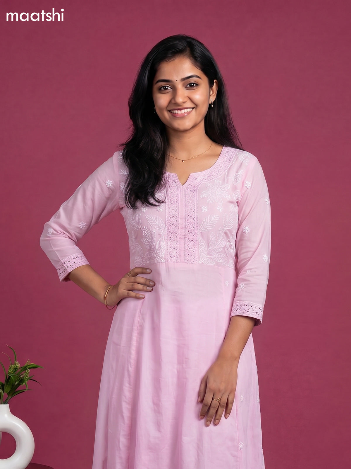 Pink Cotton Embroidery Work Anarkali Suit