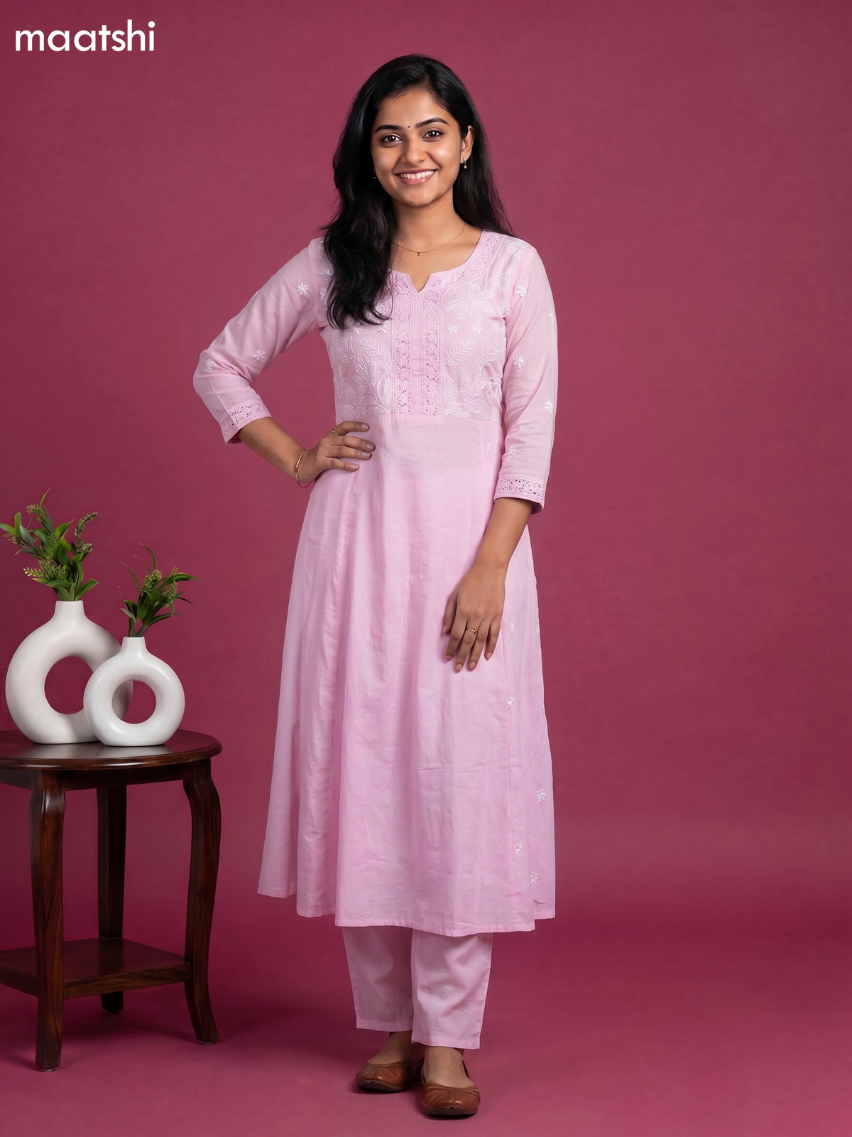 Pink Cotton Embroidery Work Anarkali Suit